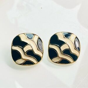 80s Vintage Allison Reed Enamel Black and  Gold Tone Statement Earrings